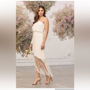Lulus Love at Dusk Cream One-Shoulder Asymmetrical Fringe Midi Dress